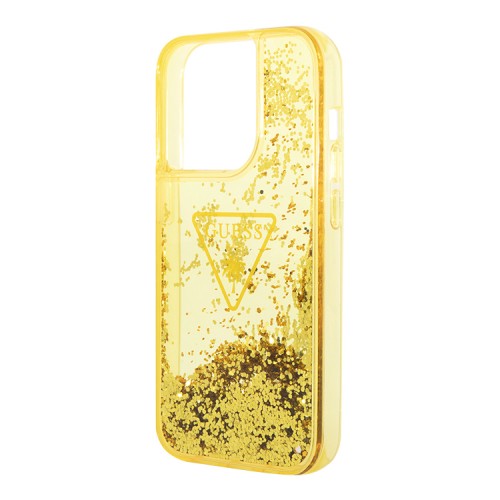 Чехол Guess Liquid glitter Triangle logo Hard Translucent для iPhone 14 Pro, желтый