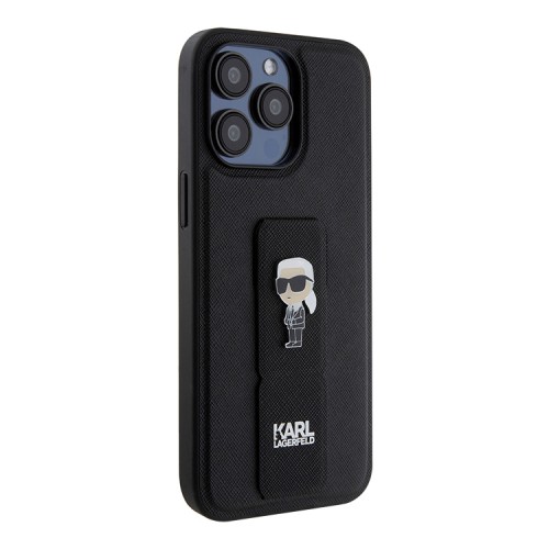 Karl Lagerfeld для iPhone 15 Pro чехол GripStand PU Saffiano NFT Karl Ikonik metal Hard Black