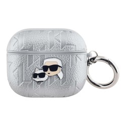 Karl Lagerfeld для Airpods 3 чехол PU Saffiano Monogram with ring NFT Metal Head Karl & Choupette Silver