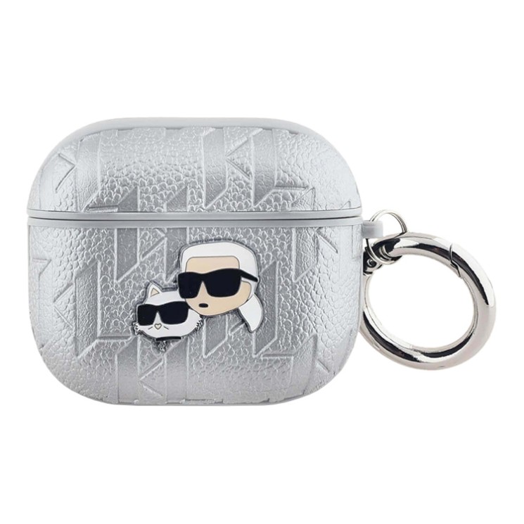 Karl Lagerfeld для Airpods 3 чехол PU Saffiano Monogram with ring NFT Metal Head Karl & Choupette Silver