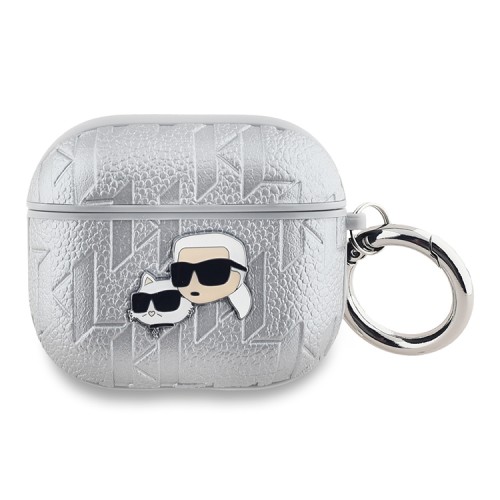Karl Lagerfeld для Airpods 3 чехол PU Saffiano Monogram with ring NFT Metal Head Karl & Choupette Silver