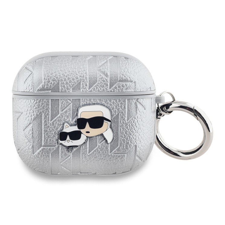 Karl Lagerfeld для Airpods 3 чехол PU Saffiano Monogram with ring NFT Metal Head Karl & Choupette Silver