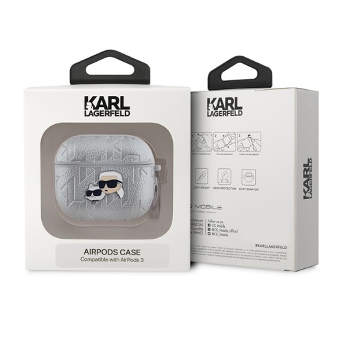 Karl Lagerfeld для Airpods 3 чехол PU Saffiano Monogram with ring NFT Metal Head Karl & Choupette Silver