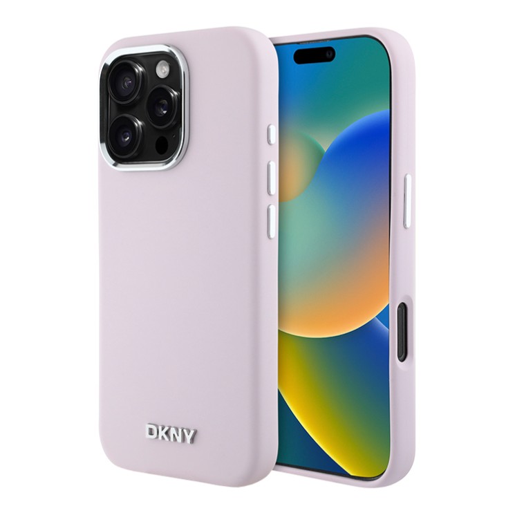 DKNY для iPhone 16 Pro чехол Liquid Silicone Metal logo and Camera frame Hard Pink (MagSafe)