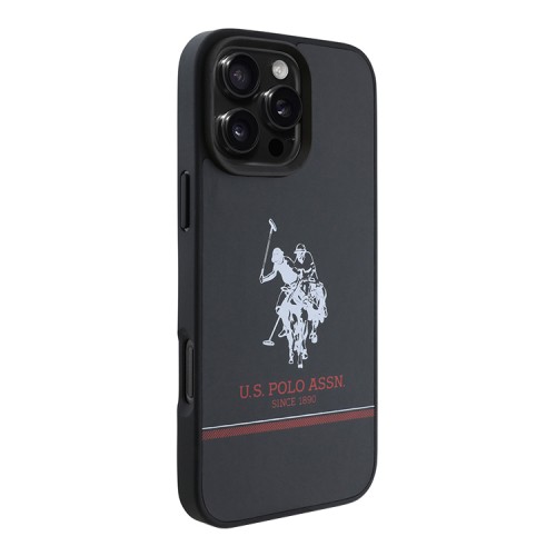 U.S. Polo для iPhone 16 Pro чехол PU Double horse logo and Stripes Hard Black