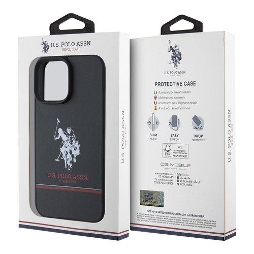 U.S. Polo для iPhone 16 Pro чехол PU Double horse logo and Stripes Hard Black