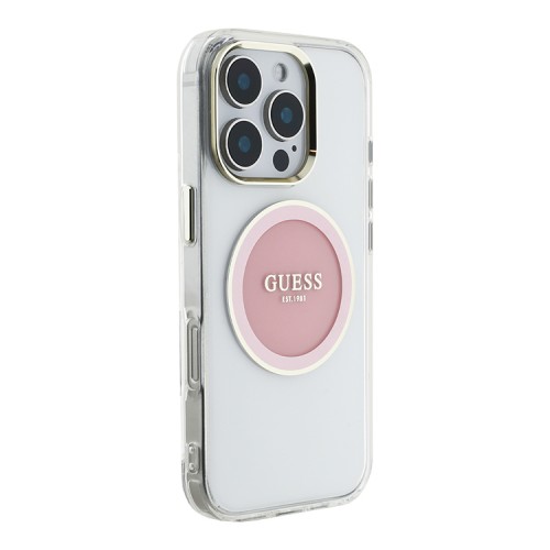 Guess для iPhone 16 Pro Max чехол PC/TPU Middle Colored Ring Transparent/Pink (MagSafe)