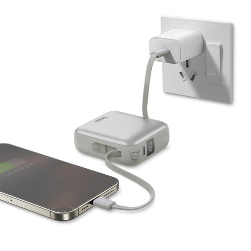 Energea внешний аккумулятор Bazic GoPower Fusion Mini 10K, 10000 3in1 USB-C +USB-C/Lightning cabl PD20W Displ Pebble
