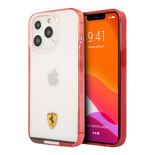 Чехол Ferrari Italia stripe Hard Transparent для iPhone 13 Pro, красная рамка