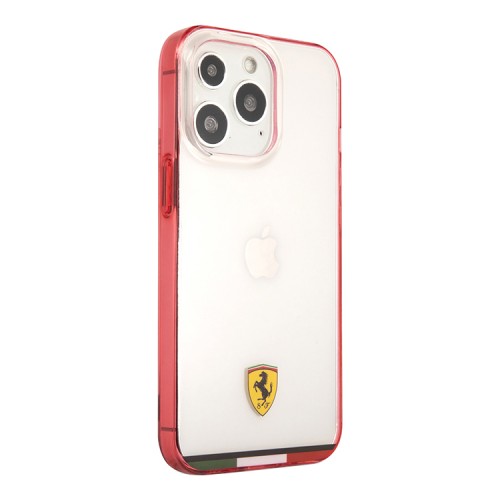 Чехол Ferrari Italia stripe Hard Transparent для iPhone 13 Pro, красная рамка