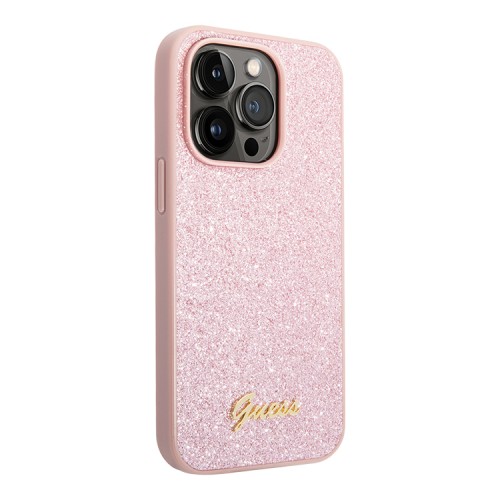 Чехол Guess Glitter flakes w Metal logo Hard для iPhone 14 Pro, розовый