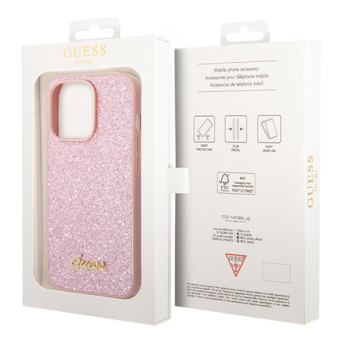 Чехол Guess Glitter flakes w Metal logo Hard для iPhone 14 Pro, розовый