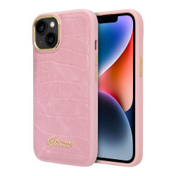 Чехол Guess PU Croco metal logo Hard для iPhone 14, розовый
