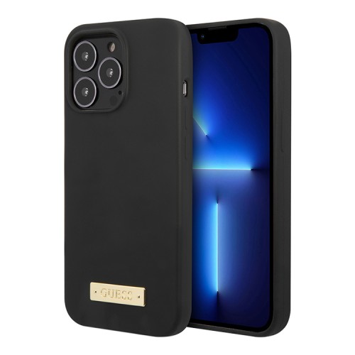 Чехол Guess Liquid Silicone Plate metal logo Hard для iPhone 13 Pro, черный (Magsafe)