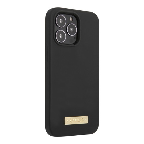 Чехол Guess Liquid Silicone Plate metal logo Hard для iPhone 13 Pro, черный (Magsafe)