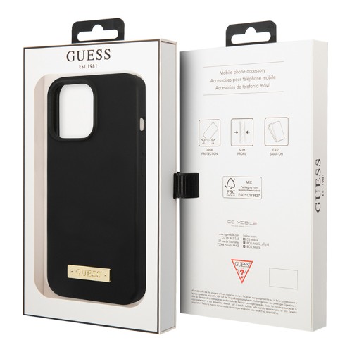 Чехол Guess Liquid Silicone Plate metal logo Hard для iPhone 13 Pro, черный (Magsafe)