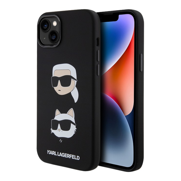 Karl Lagerfeld для iPhone 15 Plus чехол Liquid Silicone Karl & Choupette heads Hard Black