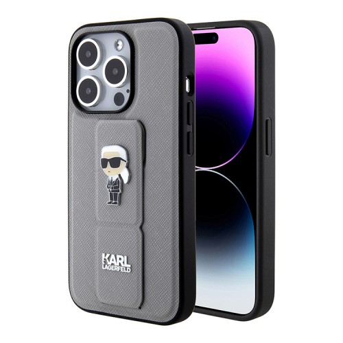 Karl Lagerfeld для iPhone 15 Pro чехол GripStand PU Saffiano NFT Karl Ikonik metal Hard Silver
