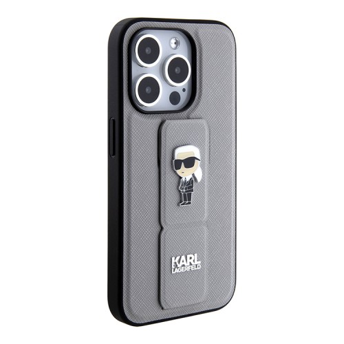 Karl Lagerfeld для iPhone 15 Pro чехол GripStand PU Saffiano NFT Karl Ikonik metal Hard Silver