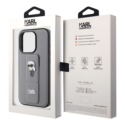 Karl Lagerfeld для iPhone 15 Pro чехол GripStand PU Saffiano NFT Karl Ikonik metal Hard Silver
