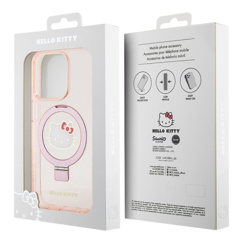 Hello Kitty для iPhone 15 Pro чехол PC/TPU Kitty Head + Ring Stand Hard Glitter Pink (MagSafe)