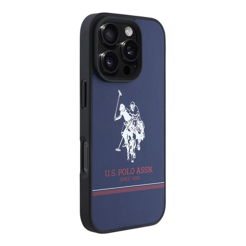 U.S. Polo для iPhone 16 Pro чехол PU Double horse logo and Stripes Hard Navy