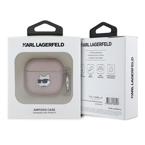 Karl Lagerfeld для Airpods 4 чехол PU Saffiano Monogram with ring NFT Metal Head Choupette Pink