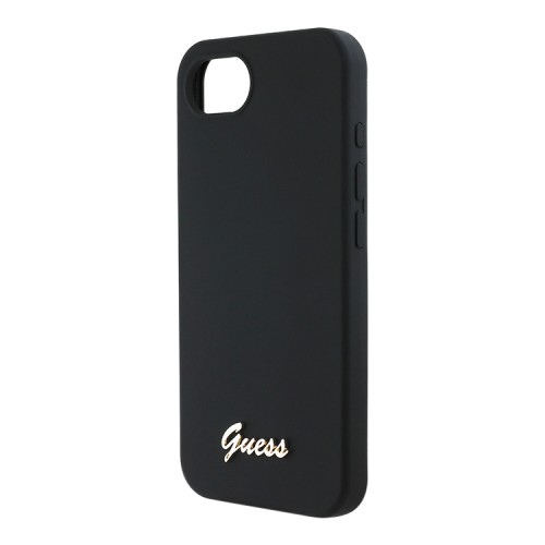 Guess для iPhone 16e чехол Liquid silicone Gold metal logo Black (MagSafe)