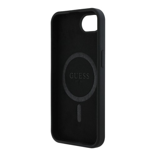 Guess для iPhone 16e чехол Liquid silicone Gold metal logo Black (MagSafe)