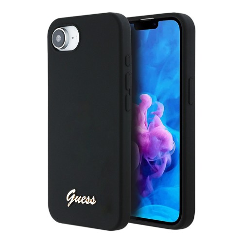 Guess для iPhone 16e чехол Liquid silicone Gold metal logo Black (MagSafe)