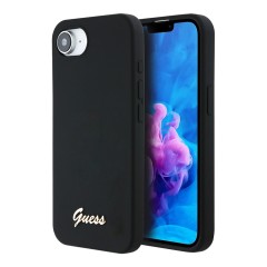 Guess для iPhone 16e чехол Liquid silicone Gold metal logo Black (MagSafe)