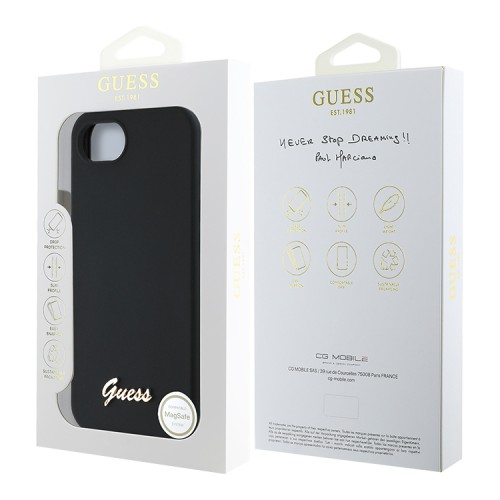Guess для iPhone 16e чехол Liquid silicone Gold metal logo Black (MagSafe)