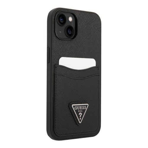 Чехол Guess PU Saffiano Double cardslot Metal triangle logo Hard для iPhone 14, черный