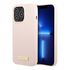Чехол Guess Liquid Silicone Plate metal logo Hard для iPhone 13 Pro, розовый (Magsafe)