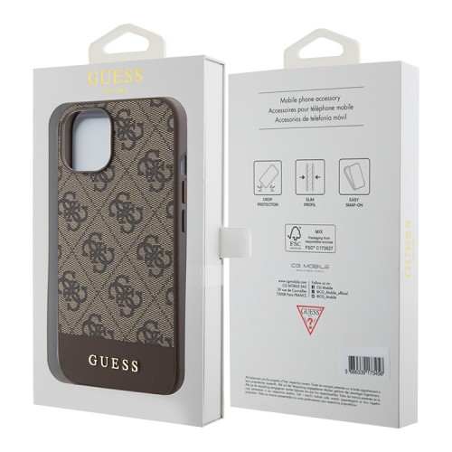 Guess для iPhone 15 чехол PU 4G Bottom stripe Metal logo Hard Brown
