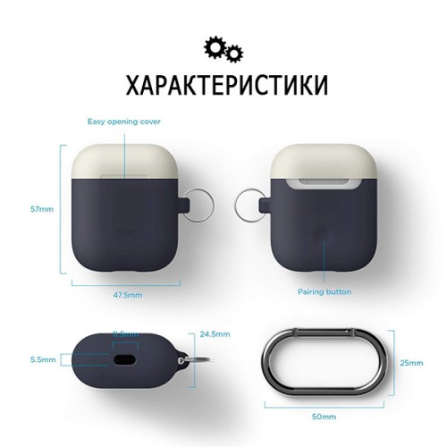 Чехол Elago Hang DUO case для AirPods 1/2, синий с крышками White и Yellow