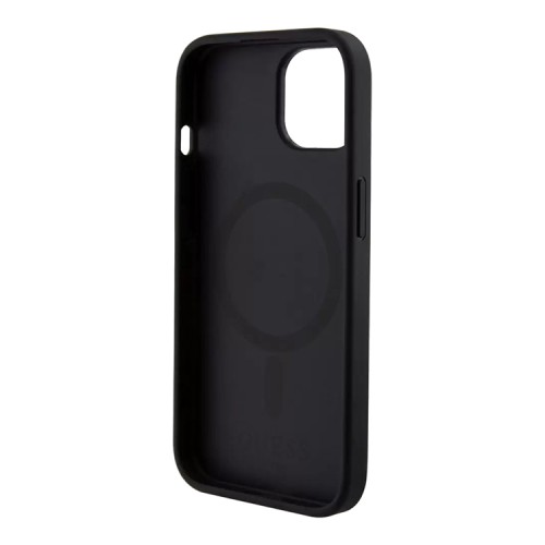 Guess для iPhone 15 чехол PU 4G Bottom stripe Metal logo Hard Black (MagSafe)