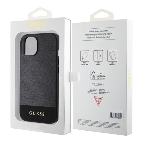 Guess для iPhone 15 чехол PU 4G Bottom stripe Metal logo Hard Black (MagSafe)