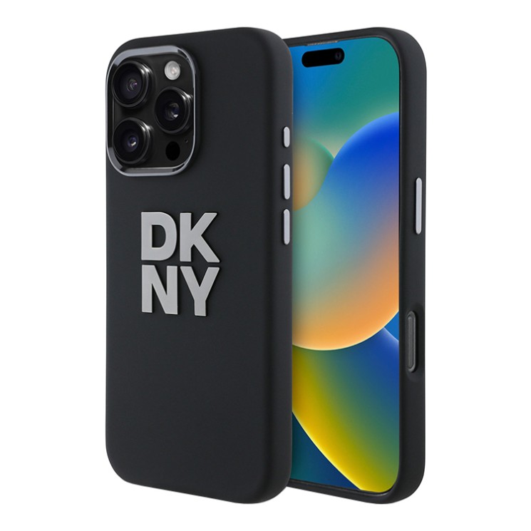 DKNY для iPhone 16 Pro чехол Liquid Silicone Stack Metal logo and Camera Hard Black