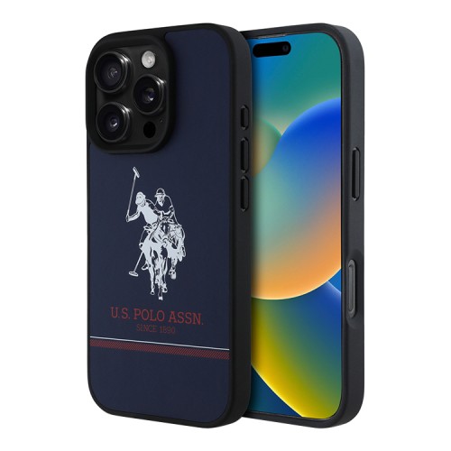 U.S. Polo для iPhone 16 Pro Max чехол PU Double horse logo and Stripes Hard Navy