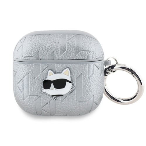 Karl Lagerfeld для Airpods 4 чехол PU Saffiano Monogram with ring NFT Metal Head Choupette Silver