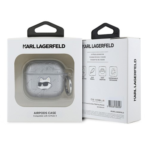 Karl Lagerfeld для Airpods 4 чехол PU Saffiano Monogram with ring NFT Metal Head Choupette Silver
