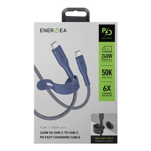 Energea Кабель FLOW USB-C to USB-C PD240W 5A Nanoweave Magnetic tie Blue 1.5m