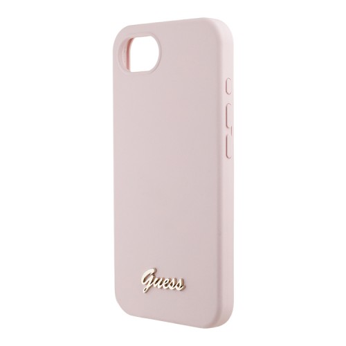 Guess для iPhone 16e чехол Liquid silicone Gold metal logo Pink (MagSafe)