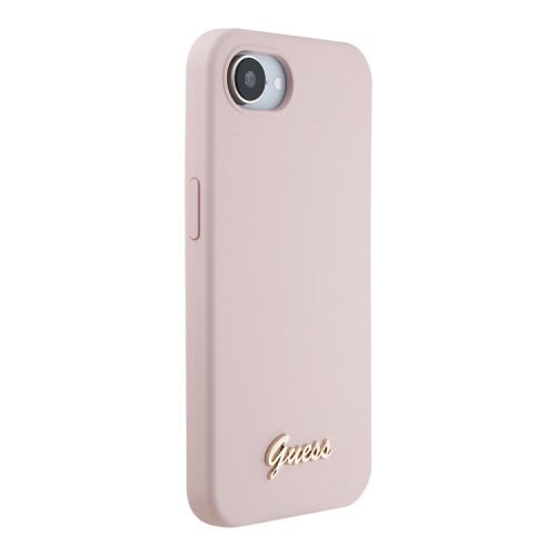 Guess для iPhone 16e чехол Liquid silicone Gold metal logo Pink (MagSafe)