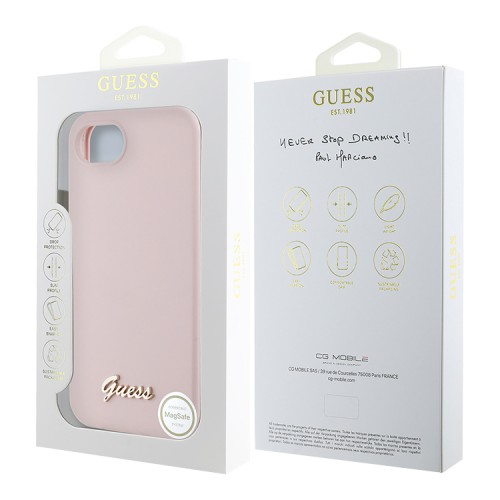 Guess для iPhone 16e чехол Liquid silicone Gold metal logo Pink (MagSafe)