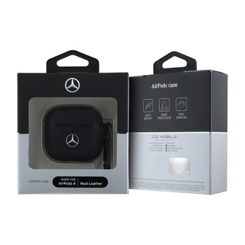 Mercedes для Airpods 4 чехол Genuine leather with metal logo Black