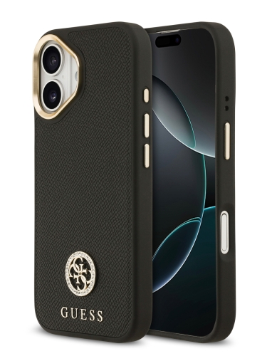 Guess для iPhone 17 чехол PU Grained 4G Diamond metal logo Gold camera Hard Black (MagSafe)