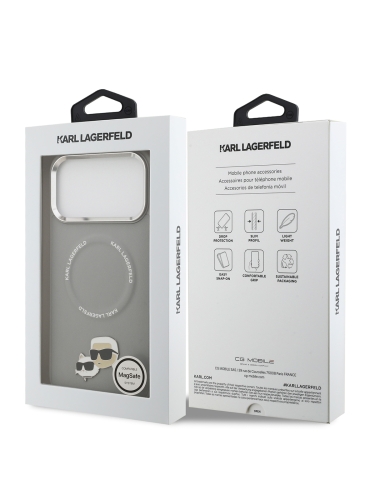 Karl Lagerfeld для iPhone 17 Pro Max чехол PU NFT Karl & Choup heads Metal pin & Cam Hard Grey (MagSafe)