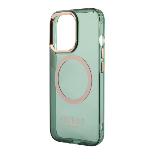 Чехол Guess Metal outline Hard Translucent для iPhone 13 Pro, зеленый/золотой (MagSafe)